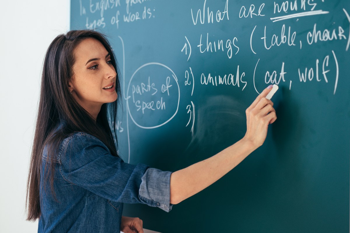 Teacher at the blackboard in a language class
