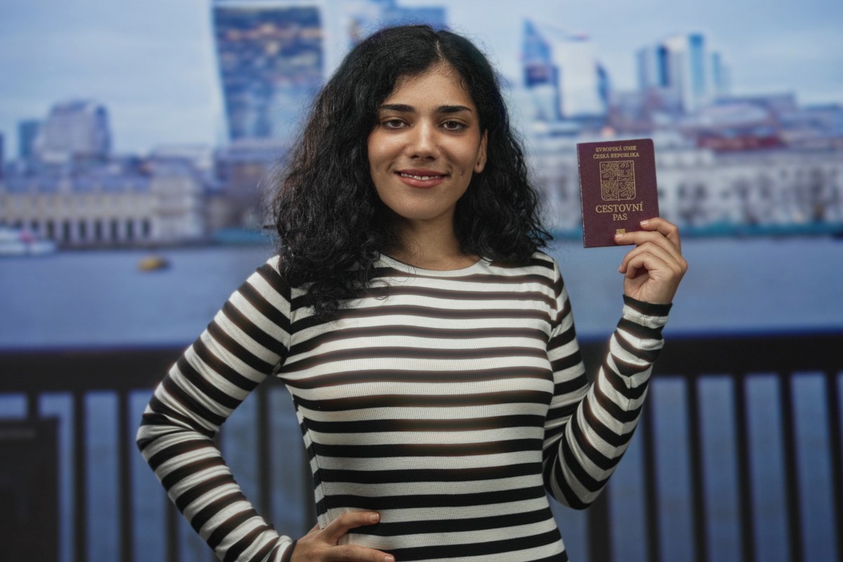 Woman holding up her passport