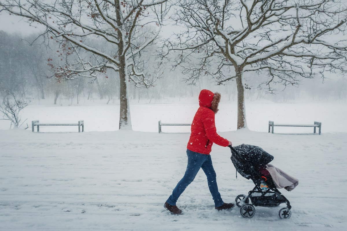 Woman in a red jacket pushing a pram along a snowy park path under bare trees
