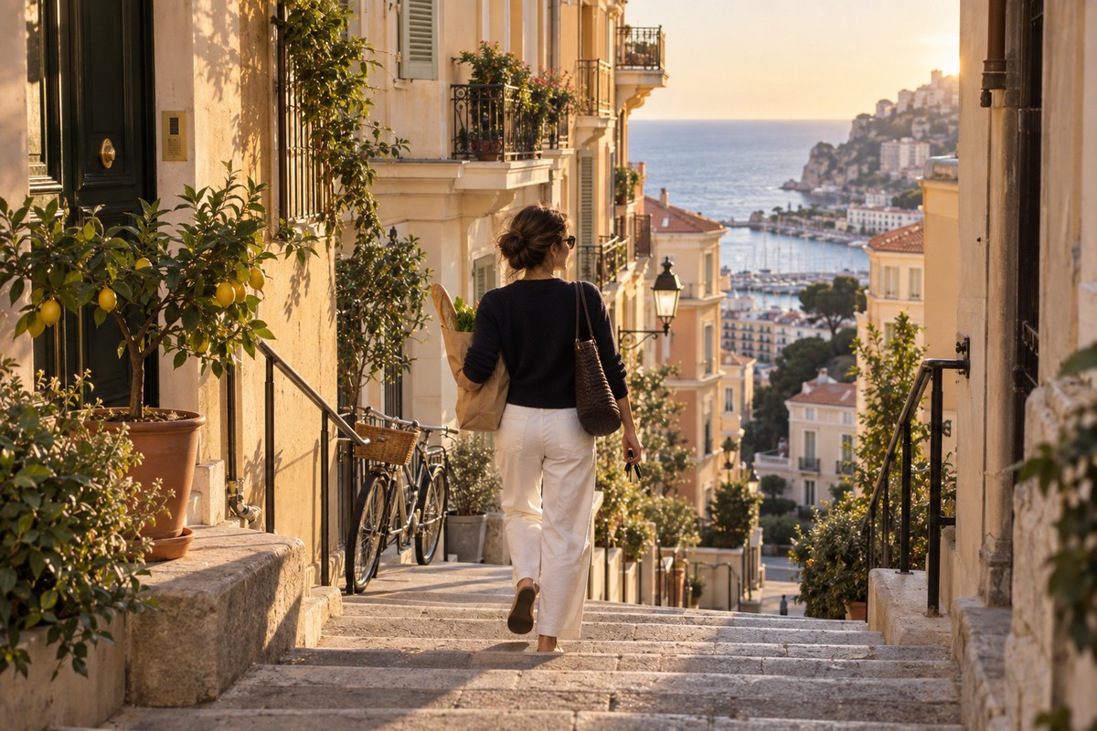 A woman with a bag of groceries walks up a stone staircase between apartment buildings in Monaco in evening light, the harbour and the sea below