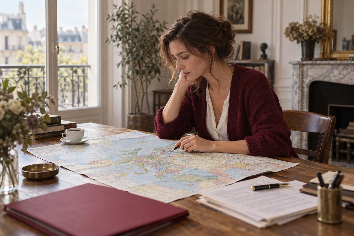 A woman in a dark red cardigan studies a map of Europe at a desk in a bright apartment