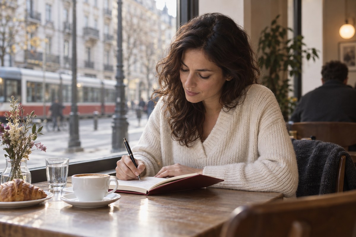 A woman writes in a notebook at a café window as a tram passes on the street outside