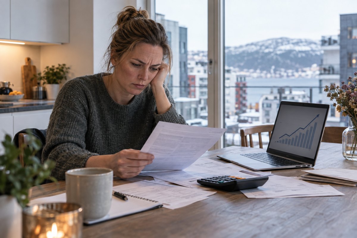 A woman reads a letter from her bank at a kitchen table covered with bills, a calculator and a laptop, with a snowy Norwegian city and fjord outside the window