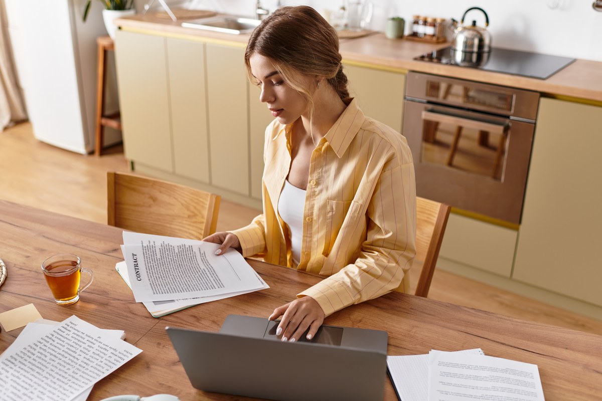 A woman reads a contract at a kitchen table with a laptop and papers in front of her